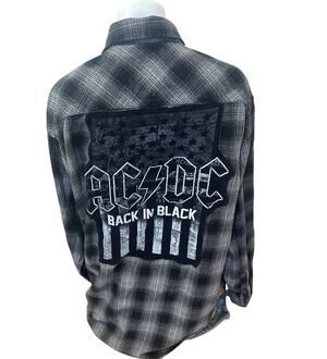 AC/DC Back in Black Plaid Flannel Shirt LARGE Oversized Unique Heavy Metal 80s